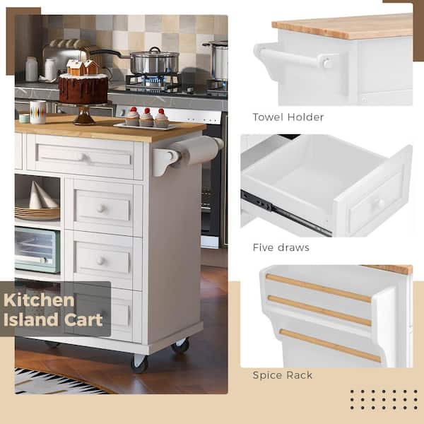 White Foldable Rubber Wood Drop-Leaf Countertop 53.1 in. W Kitchen