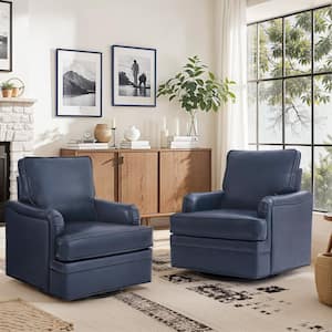 Fabry Navy Mid-Century Genuine Leather Swivel Accent Chair Modern Armchair Barrel Chair with Metal Base (Set of 2)