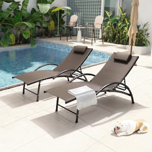 2-Piece Aluminum Adjustable Outdoor Chaise Lounge with Headrest in Brown