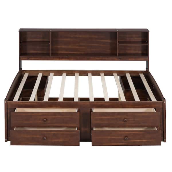 Antique Brown Wood Frame Full Platform Bed with Built-in Storage Shelves, Drawers and Cabinets
