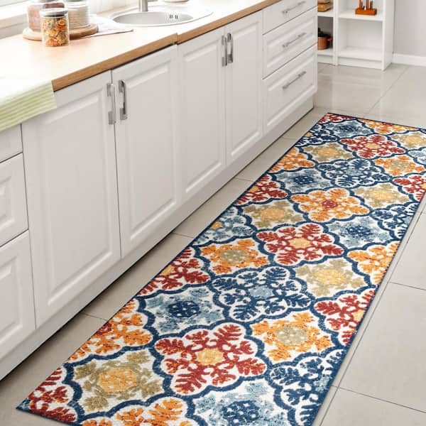 Cassis Ornate Ogee Trellis High-Low Blue/Multi 2 ft. x 8 ft. Indoor/Outdoor Runner Rug