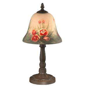 15 in. Antique Bronze Rose Bell Accent Lamp with Hand Painted Glass Shade