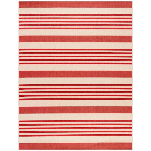 SAFAVIEH Beach House Beige/Red 7 ft. x 9 ft. Striped Indoor/Outdoor Patio  Area Rug