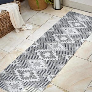 Sumak High-Low Pile Neutral Diamond Kilim Gray/White/Black 2 ft. x 10 ft. Indoor/Outdoor Runner Rug