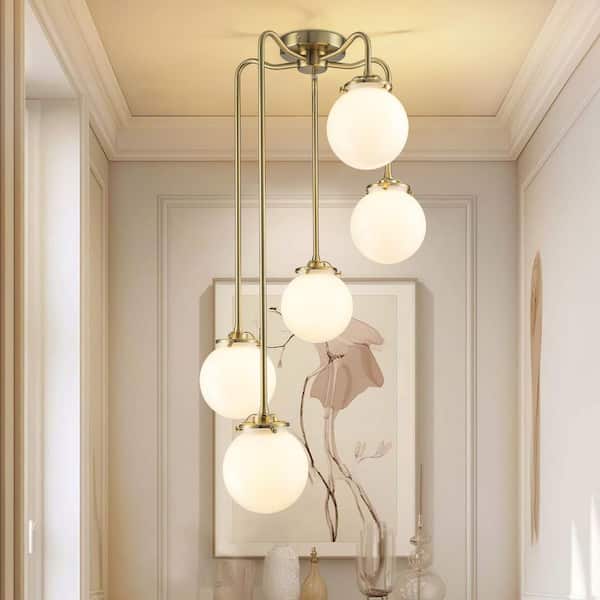 RRTYO Hendina 5-Light 18.5" Modern Brass Linear Geometric Waterfall Chandelier with Polished Opal Glass Globe Shade