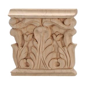 3-7/8 in. x 3-3/4 in. x 5/8 in. Unfinished Hand Carved Solid American Alder Acanthus Wood Onlay Capital Wood Applique