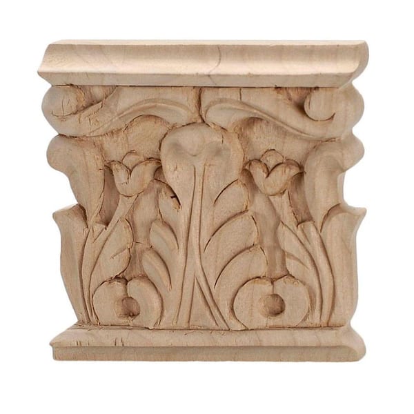 American Pro Decor 3-7/8 in. x 3-3/4 in. x 5/8 in. Unfinished Hand Carved Solid American Alder Acanthus Wood Onlay Capital Wood Applique
