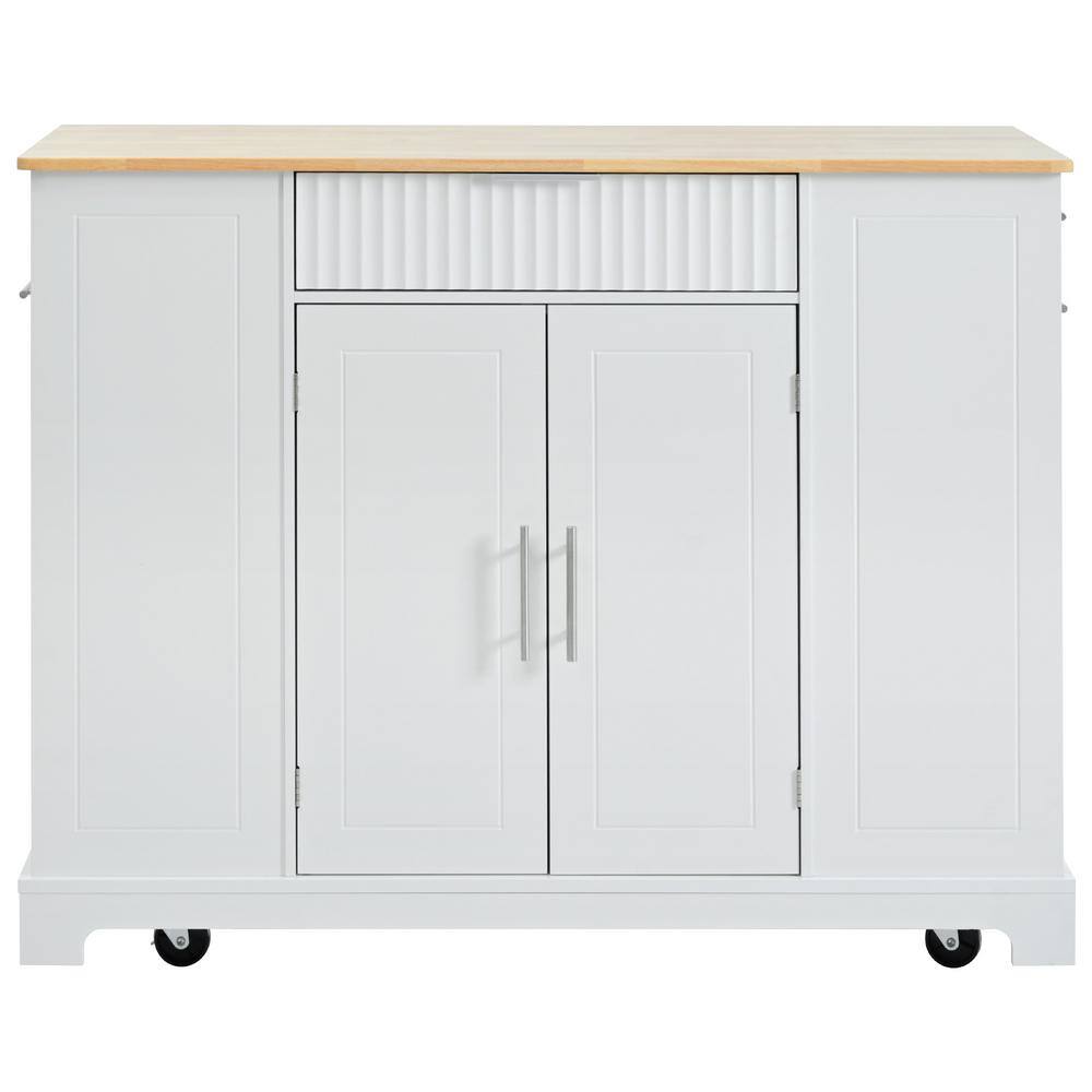 White Wood 47.2 in. Kitchen Island with Trash Can Storage Cabinet, Power Ou