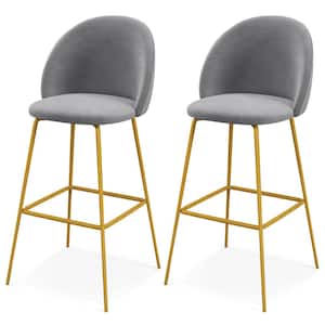 29 in. Grey Metal Bar Stool with Footrest Velvet Upholstered Bar Height Chairs Set of 2