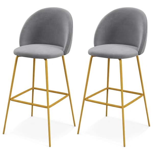 Gymax 29 in. Grey Metal Bar Stool with Footrest Velvet Upholstered Bar Height Chairs Set of 2
