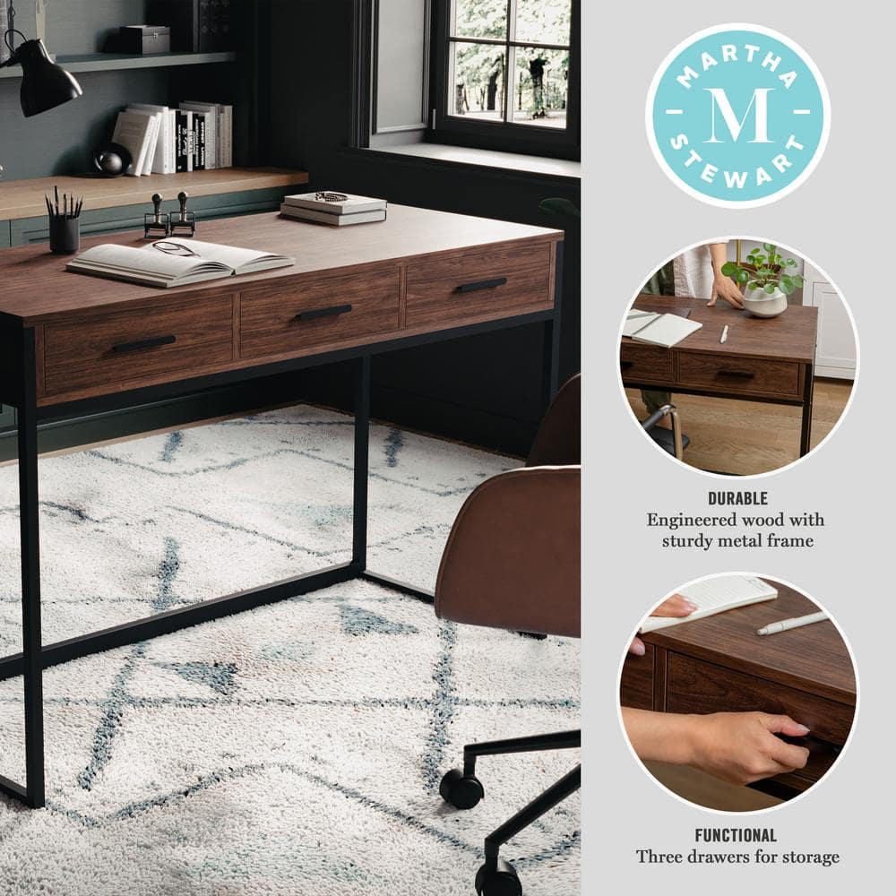 Walnut Wood Grain Desk with Oil Rubbed Bronze Frame and Drawers