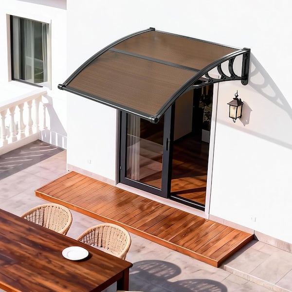 Door Entrance Awning, 38 x 40 in. Brown Polycarbonate Canopy with Drainage and ABS Bracket, Rain Snow Sun Protection