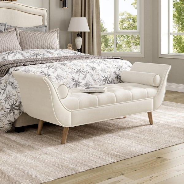 Ismere Modern Beige Button Tufted Velvet Upholstered Ottoman Bench with Rolled Arms, Pillows, Solid Wood Legs