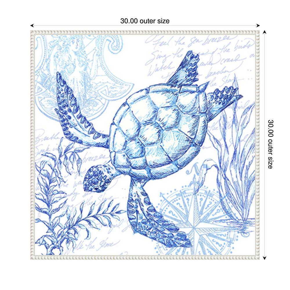 Coastal Sketchbook Turtle Blue and White Canvas Print with Floater Frame