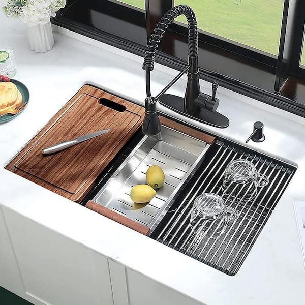 32 in. Undermount Single Bowl 18-Gauge Black Stainless Steel Kitchen Sink with Bottom Grids with Accessories