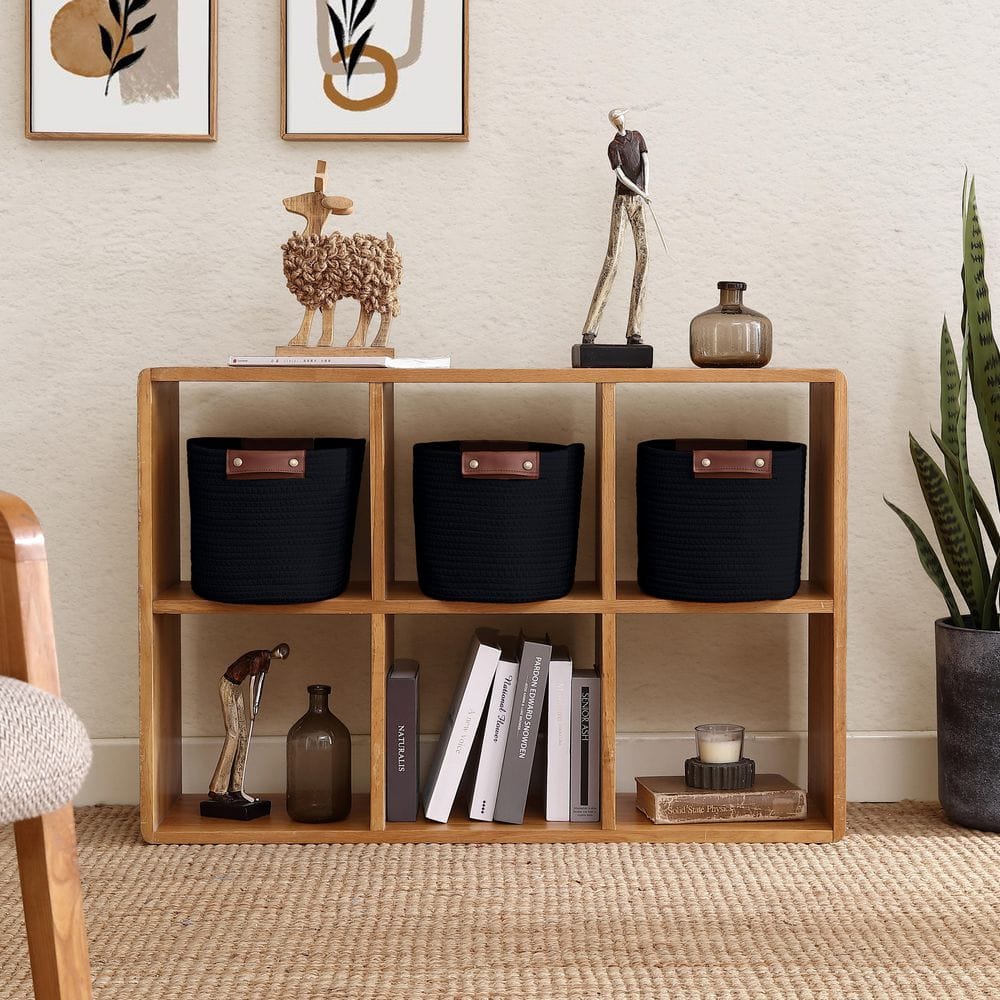 Black Cotton Rope Storage Baskets with Faux Leather Handles