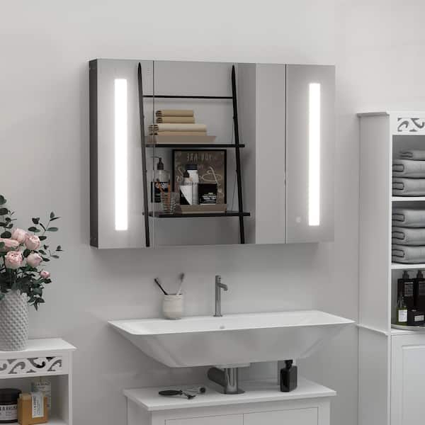 36 in. W x 26 in. H Rectangular Wood Lighted Medicine Cabinet with Mirror, Adjustable Shelf and 3 Door, Memory Function