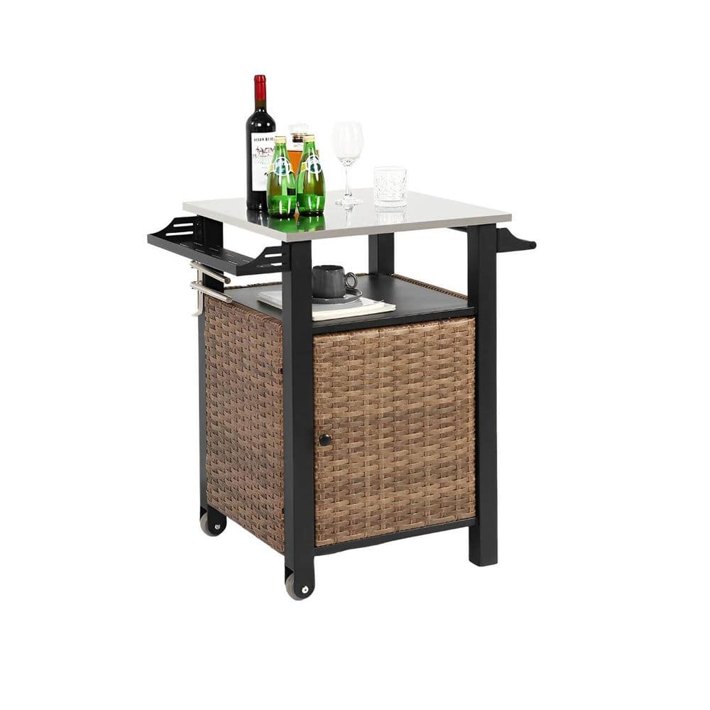 Brown Patio Serving Cart Bar Cart Outdoor Kitchen Wicker Island Rolling Car