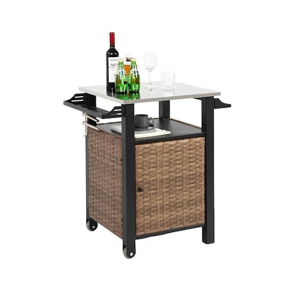 Unbranded Brown Patio Serving Cart Bar Cart Outdoor Kitchen Wicker Island Rolling Cart w/ Wheels & Extended Table Top Side Handle