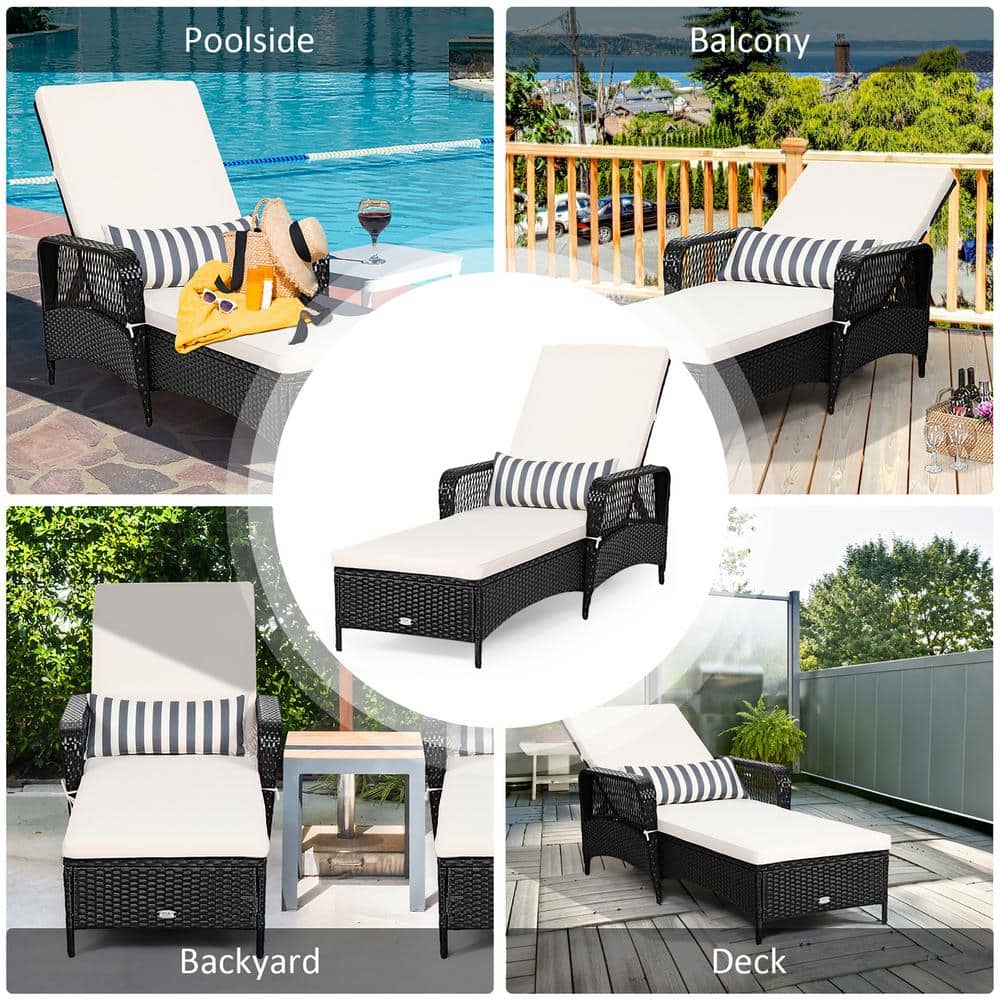 Black Steel Frame Adjustable Chaise Lounge with Off-White Cushions