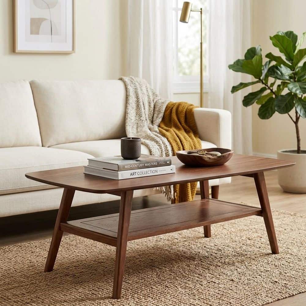 Mid Century Modern Coffee Table 31.50 in. Brown Rectangle Wood Coffee Table Living Room Table with Storage Shelf,