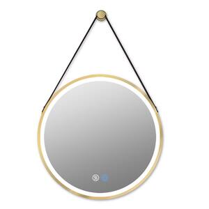 24 in. W x 24 in. H Round Aluminum Framed 3-Color LED Light Anti-Fog Deco PU Strap Wall Bathroom Vanity Mirror in Gold