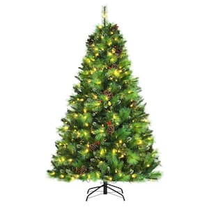 7 ft. Pre-Lit PVC Hinged Artificial Christmas Tree with Pinecones and Red Berries