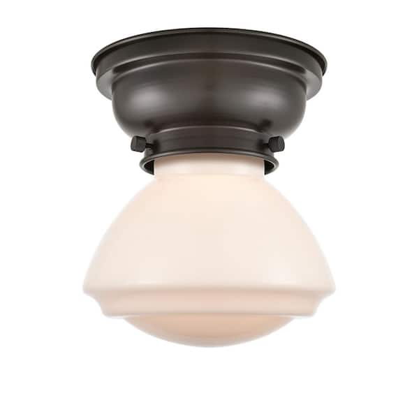 Olean 6.75 in. 1-Light Oil Rubbed Bronze Industrial Flush Mount with Seeded Glass Shade