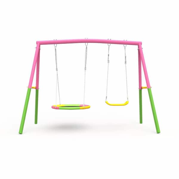 Pink Metal Swing Set with Heavy-Duty A-Frame