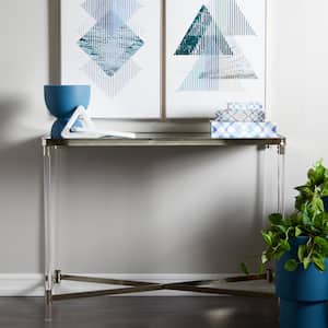 44 in. Silver Extra Large Rectangle Metal Console Table with Mirrored Top and Acrylic Legs