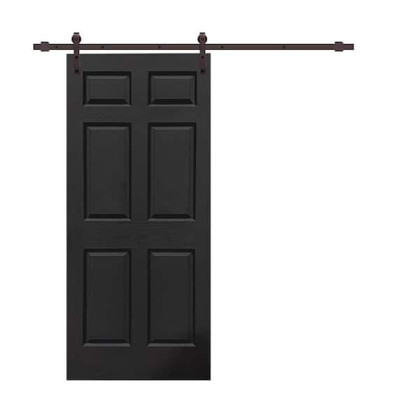 CALHOME 30 in. x 80 in. Black Painted Composite MDF 6-Panel Interior Sliding Barn Door with Hardware Kit
