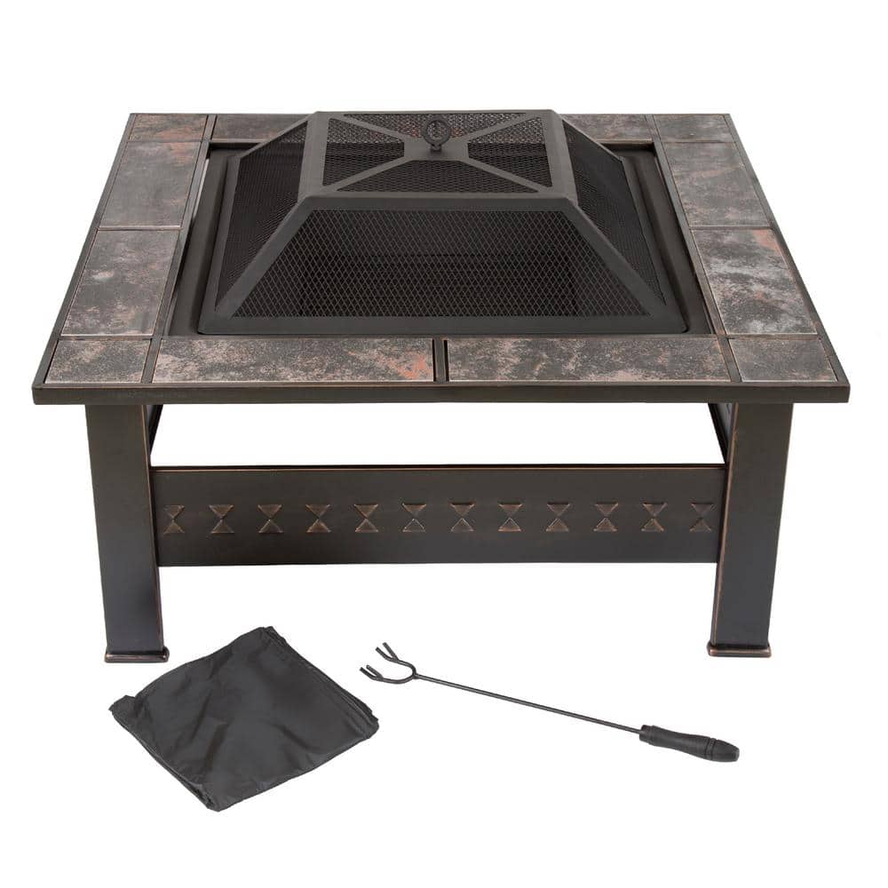 Pure Garden 32 In Steel Square Tile Fire Pit With Cover M150074 The Home Depot
