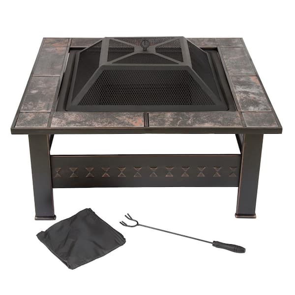 Pure Garden 32 in. Steel Square Tile Fire Pit with Cover