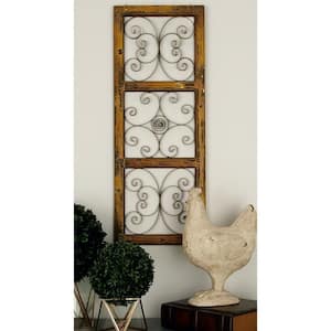 14 in. x  36 in. Wood Brown Window Inspired Scroll Wall Decor with Metal Scrollwork Relief