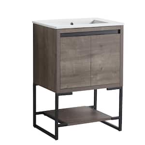 24 in. W x 35.04 in. H Free-Standing Bath Vanity in Plaid Gray Oak with Vanity Top in White with White Basin