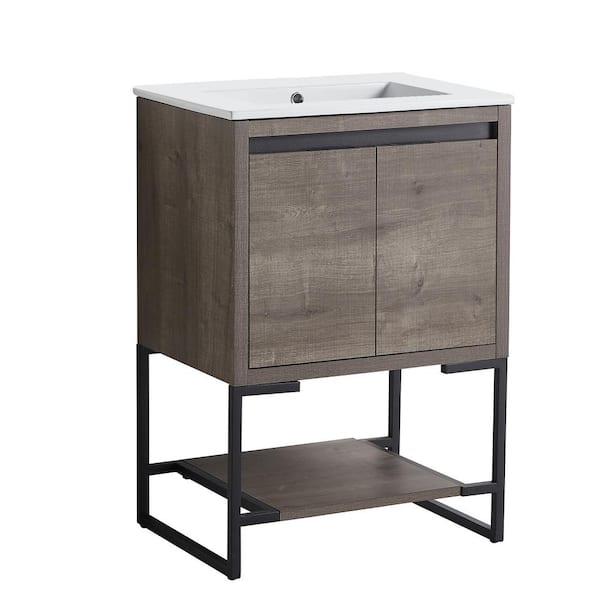 VANITYFUS 24 in. W x 35.04 in. H Free-Standing Bath Vanity in Plaid Gray Oak with Vanity Top in White with White Basin