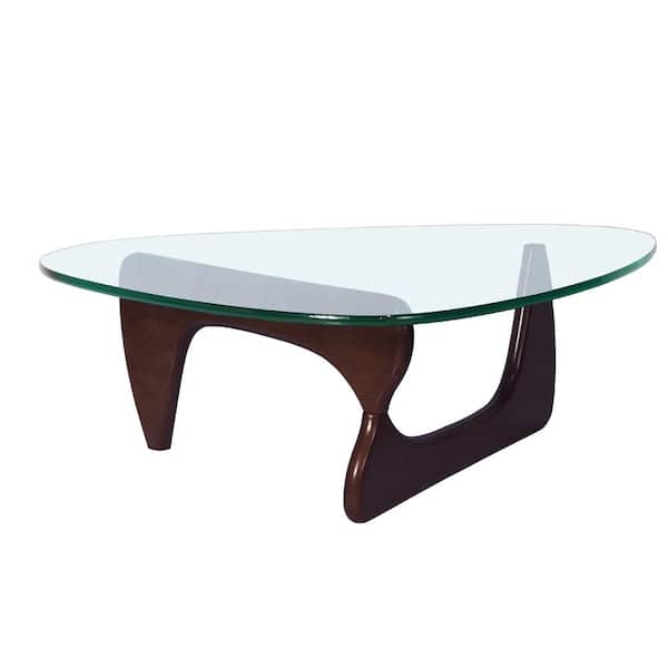 Z-joyee 50 in. Drak Brown Triangle Glass Top Coffee Table with Wood Base