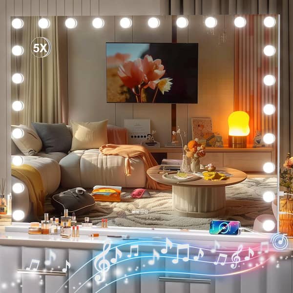 White 35 in. W x 47 in. H Rectangle Framed Vanity Mirror with Lights and Bluetooth Speaker, LED Makeup Mirror