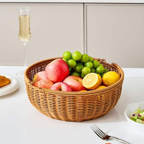 1 Piece Brown Large Fruit Bowl with Handle for Kitchen Counter, Handwoven from PE Material, 12 in. W x 4 in. H