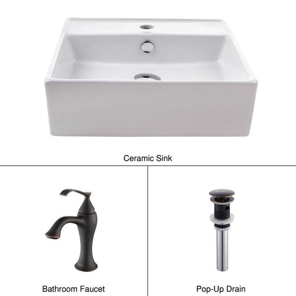 KRAUS Square Ceramic Vessel Sink in White with Ventus Basin Faucet in Oil Rubbed Bronze
