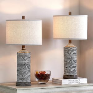 23.25 in. Distressed Wook-look Finish Table Lamp Set with Fabric Lamp Shade and LED Bulbs Included (Set of 2)