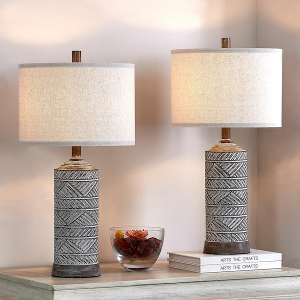 23.25 in. Distressed Wook-look Finish Table Lamp Set with Fabric Lamp Shade and LED Bulbs Included (Set of 2)