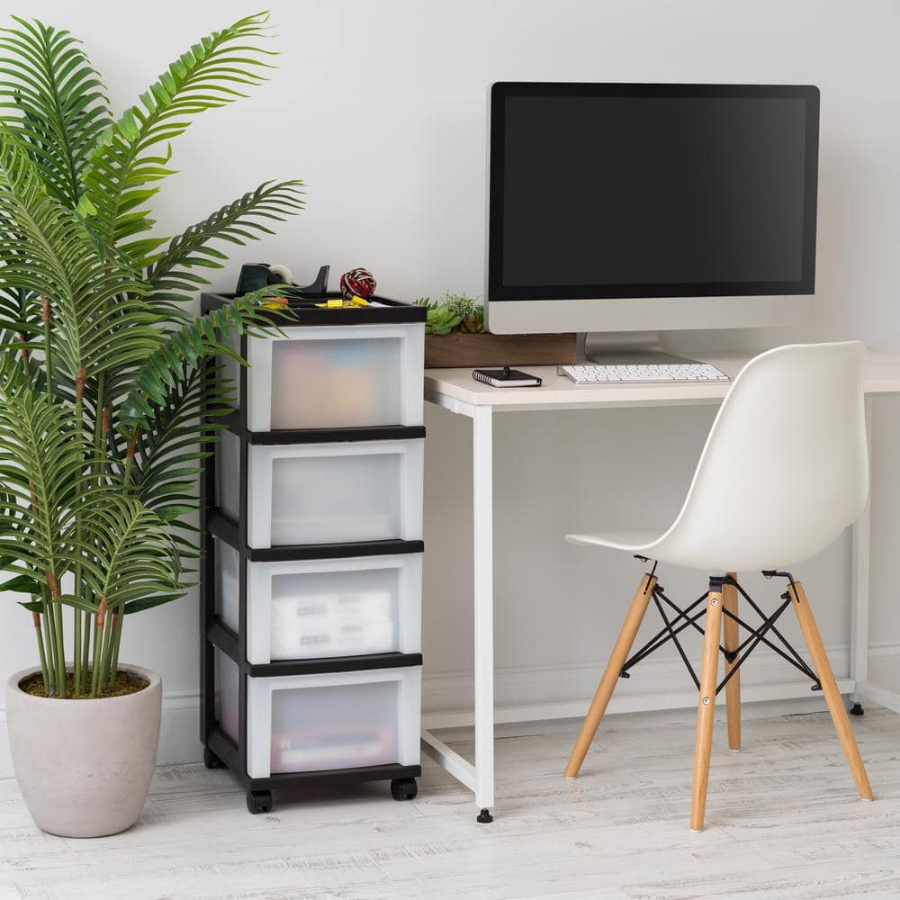 Sleek Black 4-Drawer Storage Cart with Organizer Top and Smooth-Glide Wheels