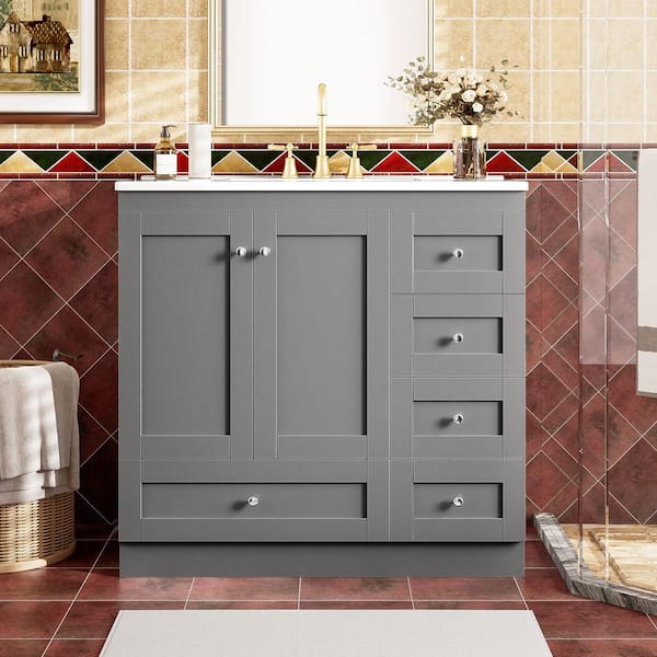 36 in. Freestanding Grey Bath Vanity with White Ceramic Top 4 Drawer and Door Bathroom Storage Cabinet Unassembled
