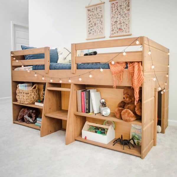 Pecan Twin Wood Low Loft Bed with 2 Bookcases