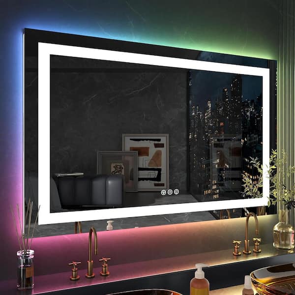 Apmir 48 in. W x 32 in. H Rectangular Frameless RGB Backlit & LED Frontlit Anti-Fog Tempered Glass Wall Bathroom Vanity Mirror