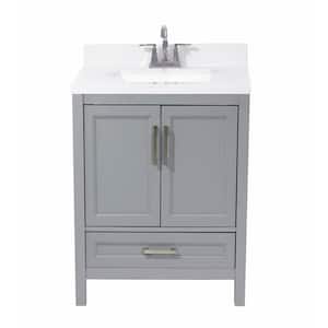 Salerno 25 in. Bath Vanity in Grey with Cultured Marble Vanity Top with Backsplash in Carrara White with White Basin