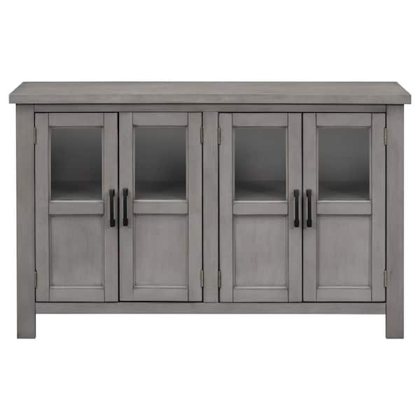 Unbranded 51 in. W x 15.6 in. D x 34 in. H Natural Gray Linen Cabinet with Adjustable Shelf and Metal Handles, 4-Door