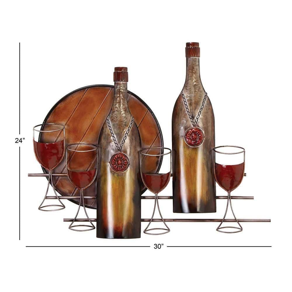 Copper Metal Wine Wall Sculpture with Glasses and Bottles