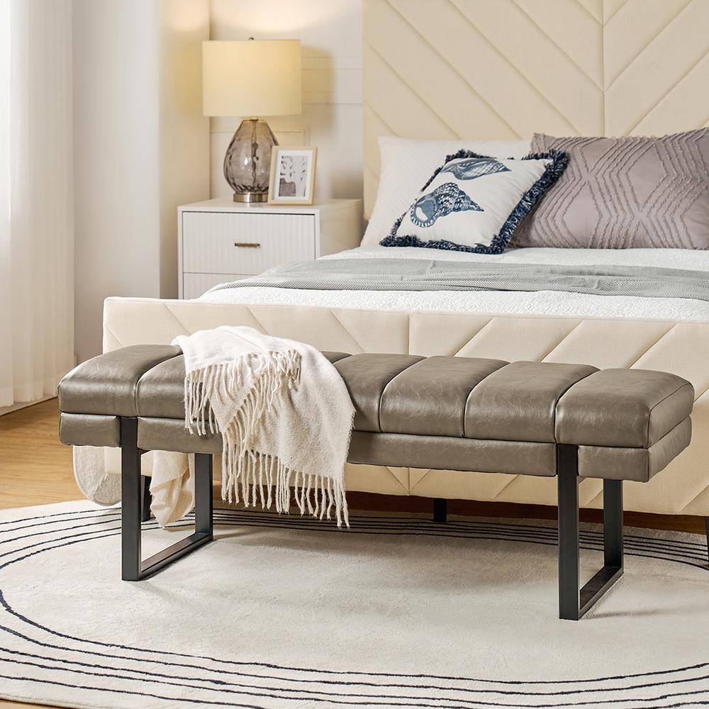 Leander Camel 52.5 in.W Modern Industrial Channel Tufted Upholstered Bench with Metal Legs - thumbnail 2